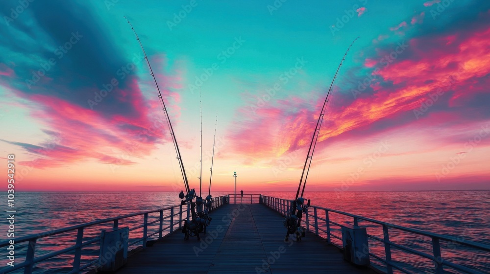 A serene pier for sea fishing under a vibrant sunset sky, Fishing rods under a colorful horizon, Sunset tranquility style A serene pier for sea fishing under a vibrant sunset sky, Fishing rods under a colorful horizon, Sunset tranquility style