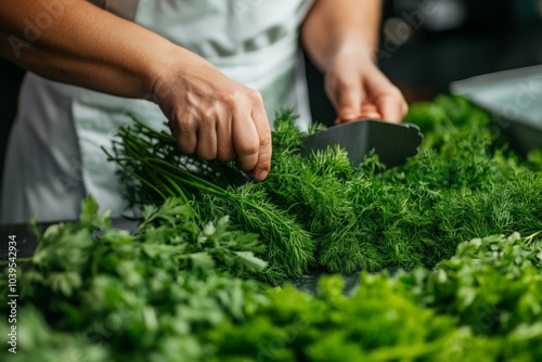 Hands expertly chopping fresh dill herbs on a cutting board, showcasing the art of culinary preparation and the importance of fresh ingredients in cooking.