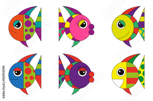 Colorful vector illustration. Set of bright geometric abstract with various face expressions fish on white background.