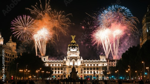 Fireworks in Madrid (Spain) during New Years celebration
