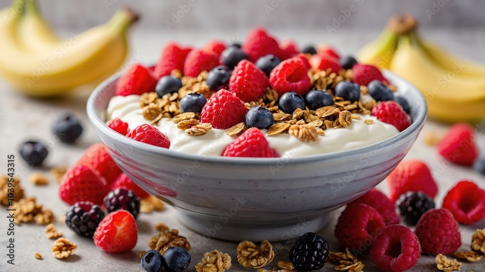 Delicious Greek Yogurt Bowl with Granola, Strawberry, and Banana - Healthy Breakfast Delicious Greek Yogurt Bowl with Granola, Strawberry, and Banana - Healthy Breakfast