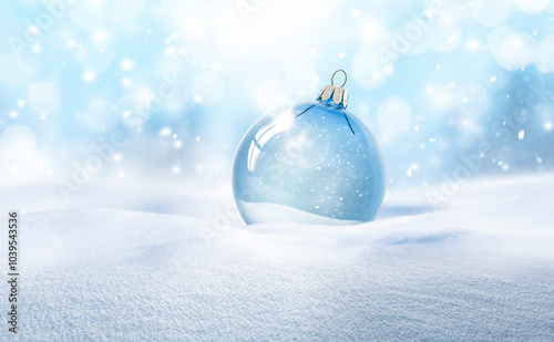 Weihnachtskugel aus Glas vor verschneiter Landschaft