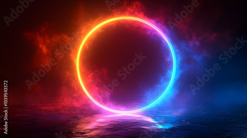 Neon Circle Glow in Smoke and Mist