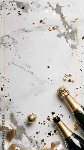 Elegant top view of a white and gray marble background with a golden frame and festive confetti, showcasing a champagne bottle, golden ornaments, and ribbons, ideal for New Year celebrations.