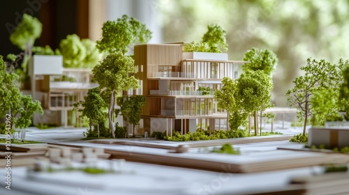 A detailed architectural model of a modern building surrounded by lush greenery  showcasing sustainable design principles and natural elements.