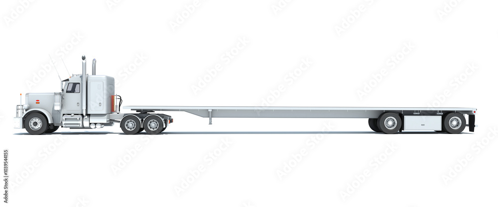 Truck with Flatbed Trailer 3D rendering on white background Truck with Flatbed Trailer 3D rendering on white background