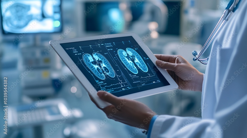 A doctor holds a tablet displaying an MRI brain scan, reviewing a patient's medical records. A doctor holds a tablet displaying an MRI brain scan, reviewing a patient's medical records.
