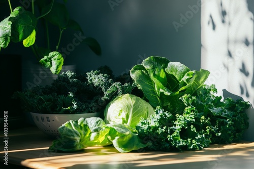 Deep green kale, vibrant lettuce, and fresh cabbage rest on a kitchen counter bathed in soothing natural light, embodying freshness and vitality in culinary spaces. photo