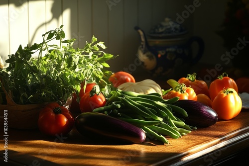 A colorful assembly of fresh vegetables, including tomatoes, green beans, bell peppers, and eggplant, beautifully arranged on a sunlit kitchen counter enhancing its vibrancy. photo