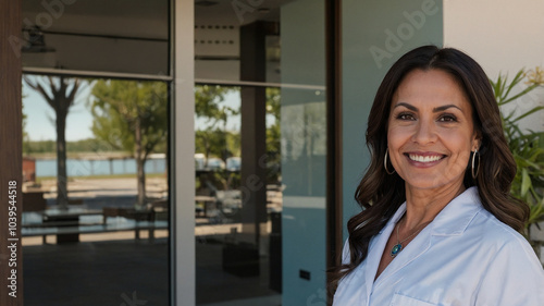 Female latin med spa owner smiling at the camera looking