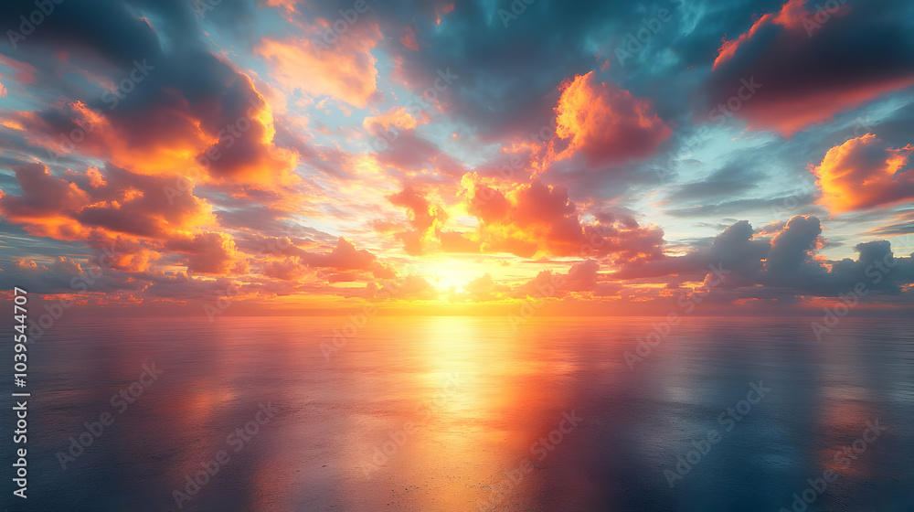 Orange and Blue Sunset Over the Ocean - Realistic Image Orange and Blue Sunset Over the Ocean - Realistic Image