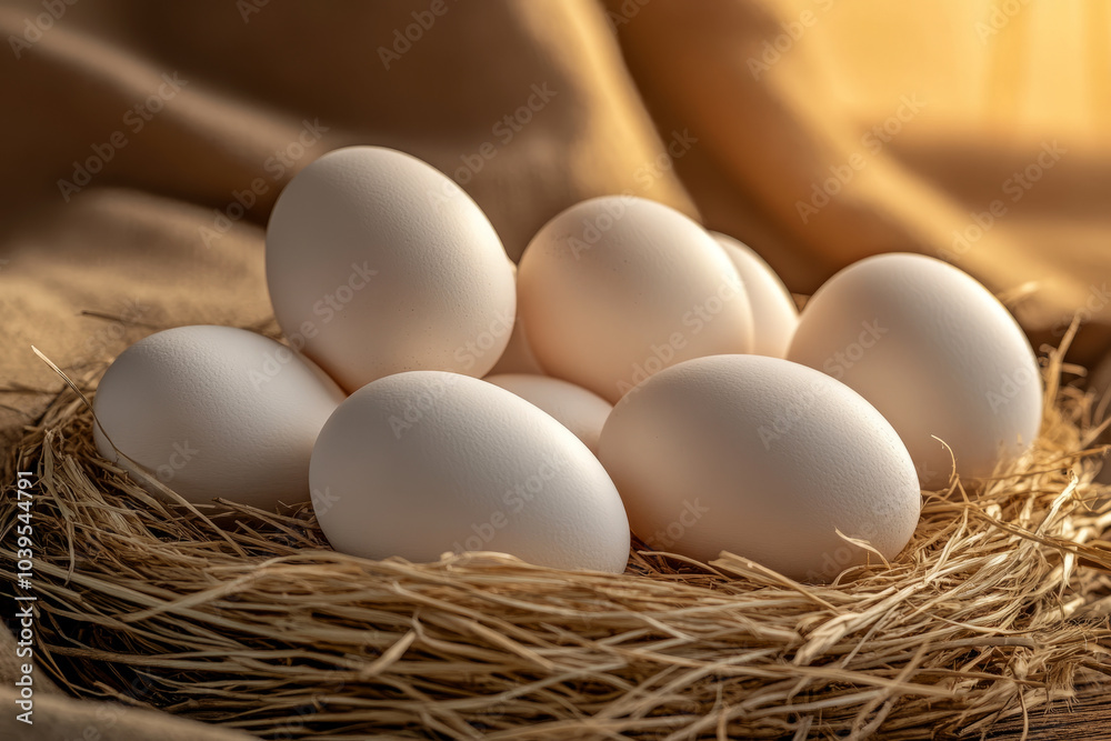 Close-up eggs in a straw nest on a wooden table Close-up eggs in a straw nest on a wooden table