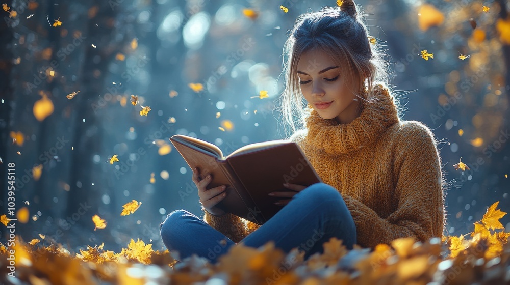 Fototapeta premium A girl is reading a book in an autumn park. The fallen leaves from the trees are sparkling in the sun. A pleasant pastime. Fascinating reading. Generated by AI