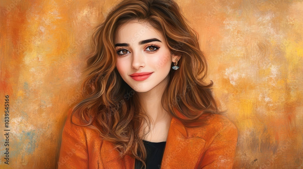  A portrait of a woman with brown hair, donning a vibrant orange jacket over a black blouse and beneath a black top