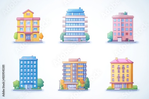 Colorful illustration of small apartment buildings in pastel hues designed for urban living themes real estate concepts or architectural visualization projects