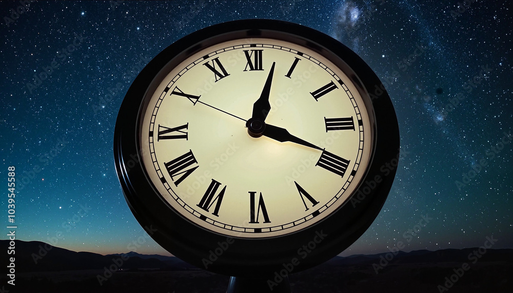 Large clock against starry night sky, symbolizing time and space Large clock against starry night sky, symbolizing time and space