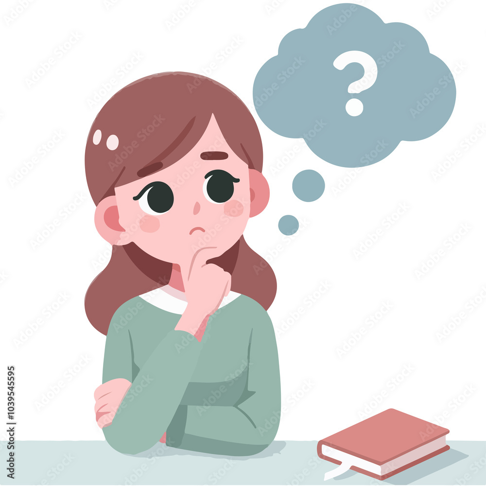Young woman cartoon character thinking question in flat design on white background
Young woman cartoon character thinking question in flat design on white background