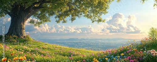 Vibrant landscape with a large tree, colorful flowers, and blue skies.