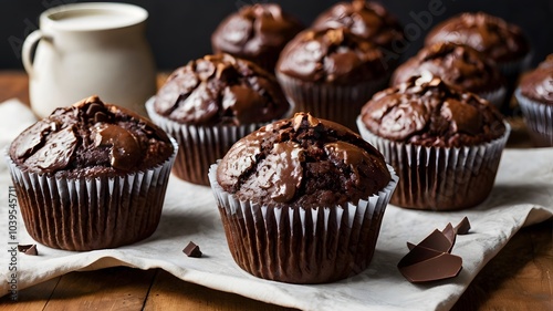 Freshly baked creamy chocolate cupcakes muffins topped with chunks of dark choco chips. brown tasty sweet dessert cake treat closeup