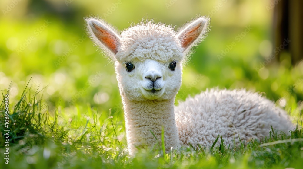 Cute Alpaca Baby in Nature Close-Up. Adorable White Mammal on Farm Looking Funny Cute Alpaca Baby in Nature Close-Up. Adorable White Mammal on Farm Looking Funny