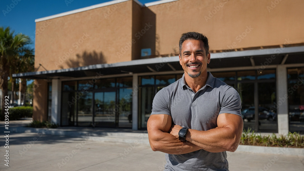 Fototapeta premium Latin fitness center owner smiling at the camera with black shirt inside of the gym next to equipment