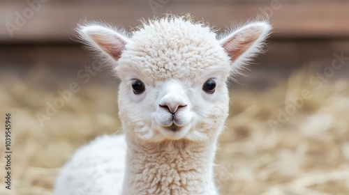 Cute Alpaca Baby in Close-Up Look at Camera in Barn. White, Funny Animal in Nature