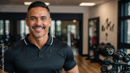 Latin fitness center owner smiling at the camera with black shirt inside of the gym next to equipment