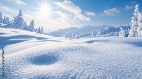 A breathtaking winter landscape showcasing a blanket of pristine snow under a bright blue sky, with sunlight illuminating the serene scenery.