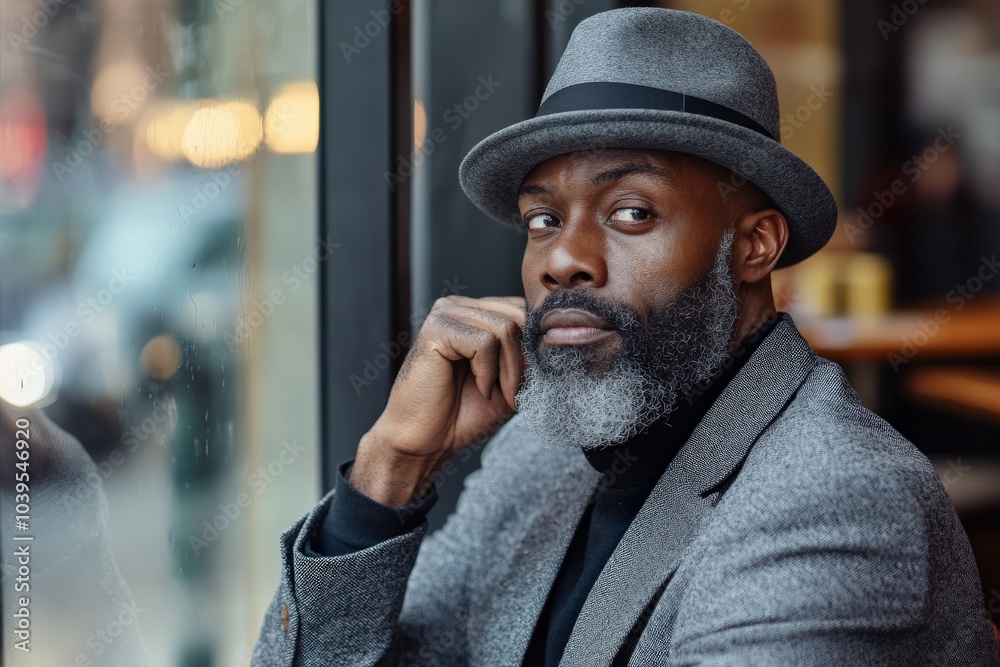Dapper African American Entrepreneur with Beard Contemplating at Outdoor Cafe