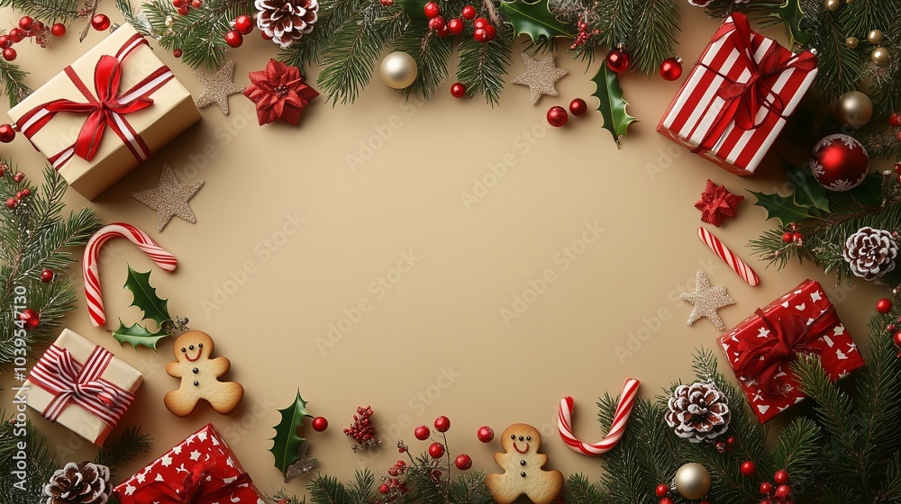 Christmas top view presents flat lay with gift boxes and Christmas trees all around. and with copy space Christmas top view presents flat lay with gift boxes and Christmas trees all around. and with copy space