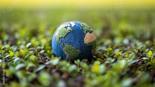 A vibrant globe nestled in lush green grass, symbolizing environmental awareness and the beauty of our planet. photo