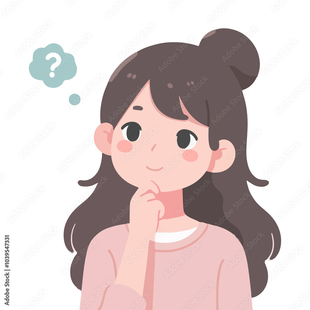 Young woman cartoon character thinking question in flat design on white background
Young woman cartoon character thinking question in flat design on white background
