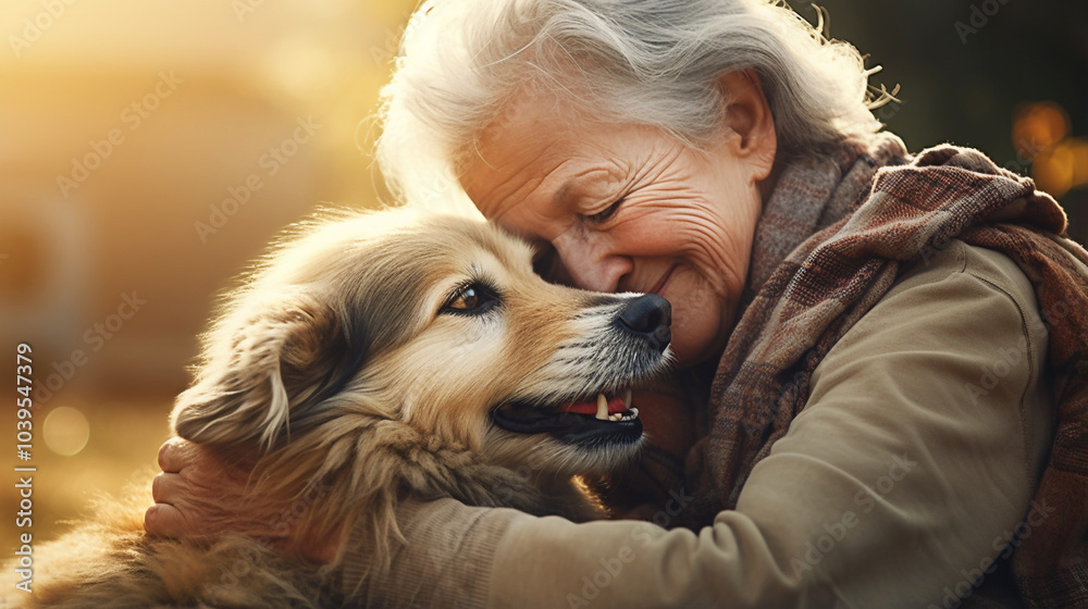 Elderly woman lovingly embraces her dog in the warm glow of sunset Elderly woman lovingly embraces her dog in the warm glow of sunset