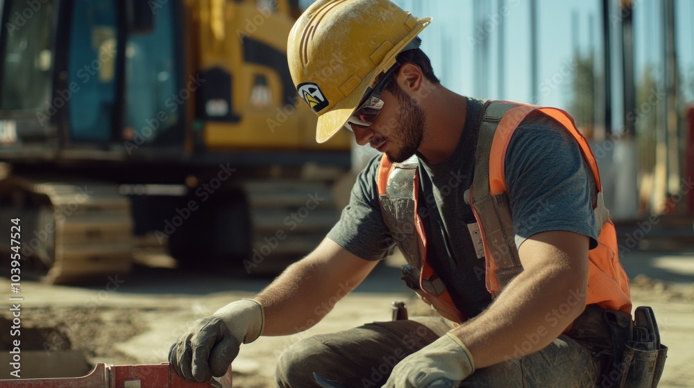 Construction worker on a high-rise building site, wearing a safety helmet and harness, showcasing urban development Construction worker on a high-rise building site, wearing a safety helmet and harness, showcasing urban development