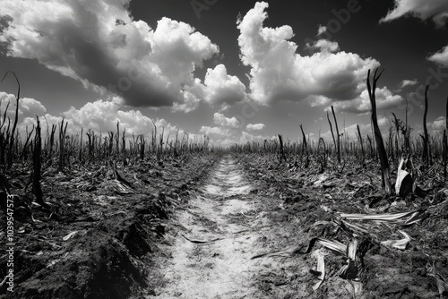 Dead Field. Path Through Burnt Field with Dramatic Clouds in Black-and-White photo