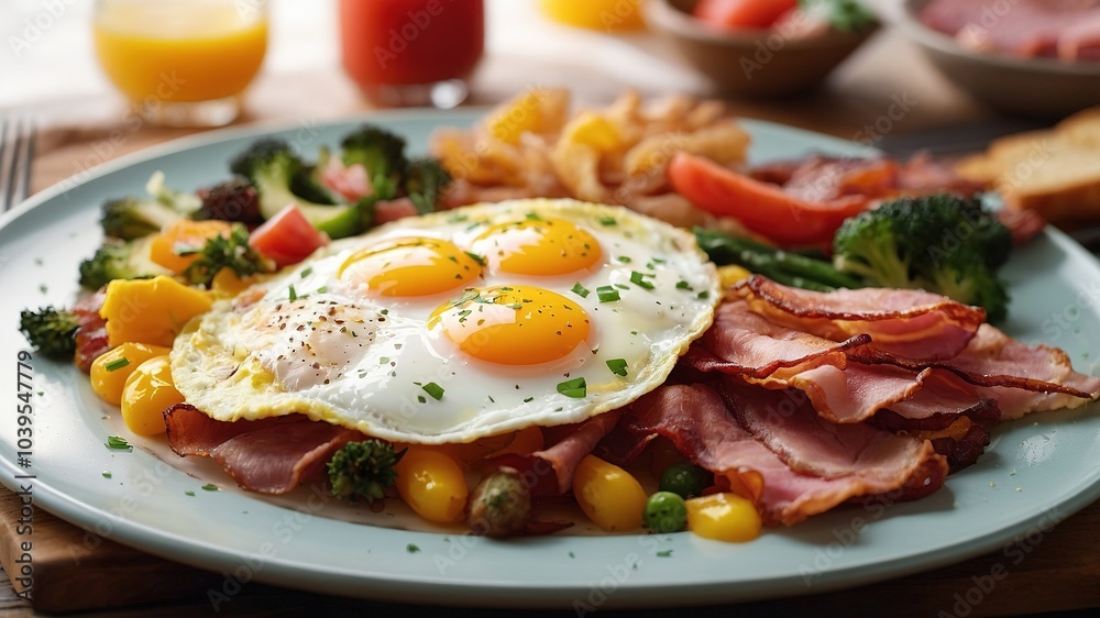 Double Exposure Breakfast: Egg, Ham, Bacon, Sausage & Vegetables Double Exposure Breakfast: Egg, Ham, Bacon, Sausage & Vegetables