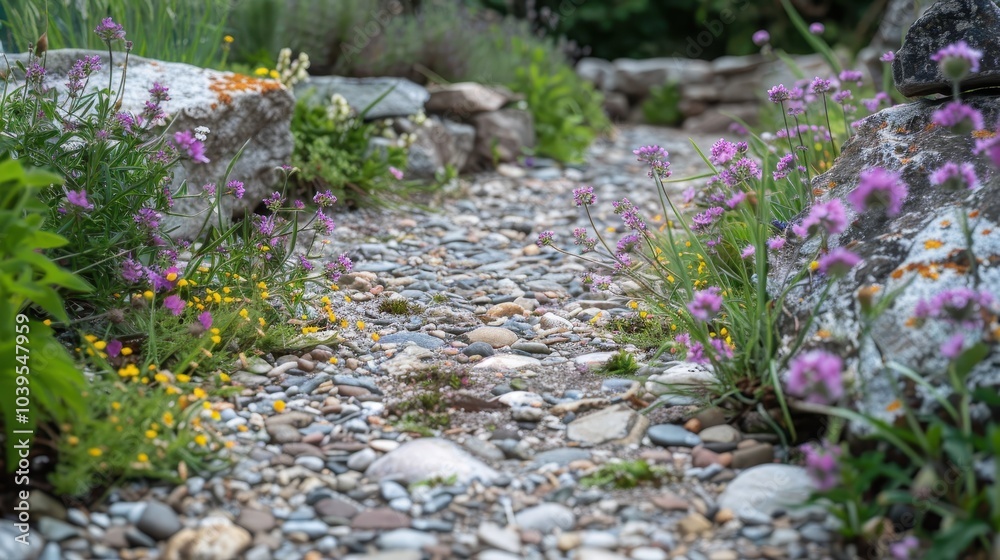 Close-up of a Pebble Path in a Vibrant Garden