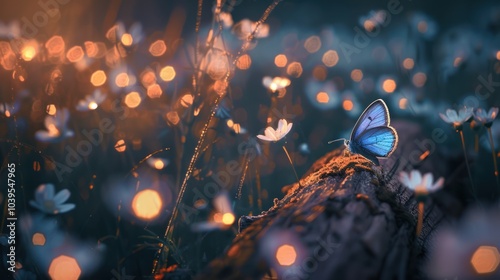Blue Butterfly on a Log in a Field of Flowers