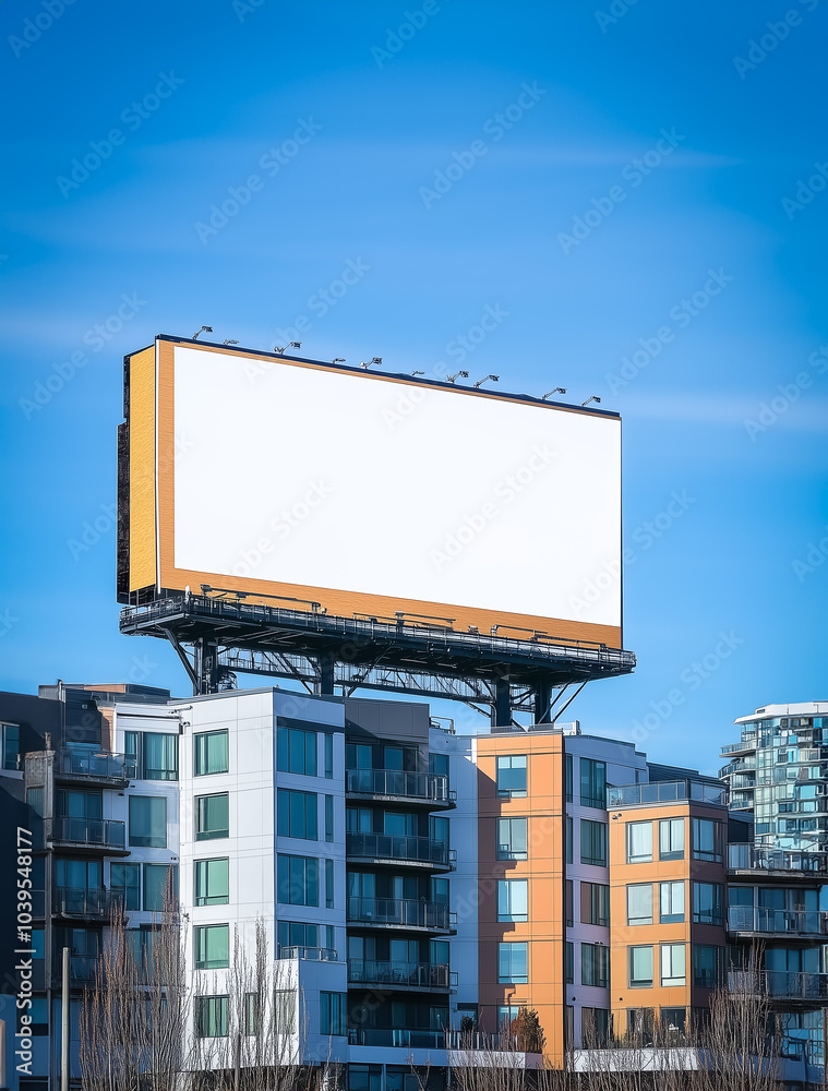 A giant white billboard placed on a high building with a modern residential area in the background. A giant white billboard placed on a high building with a modern residential area in the background.