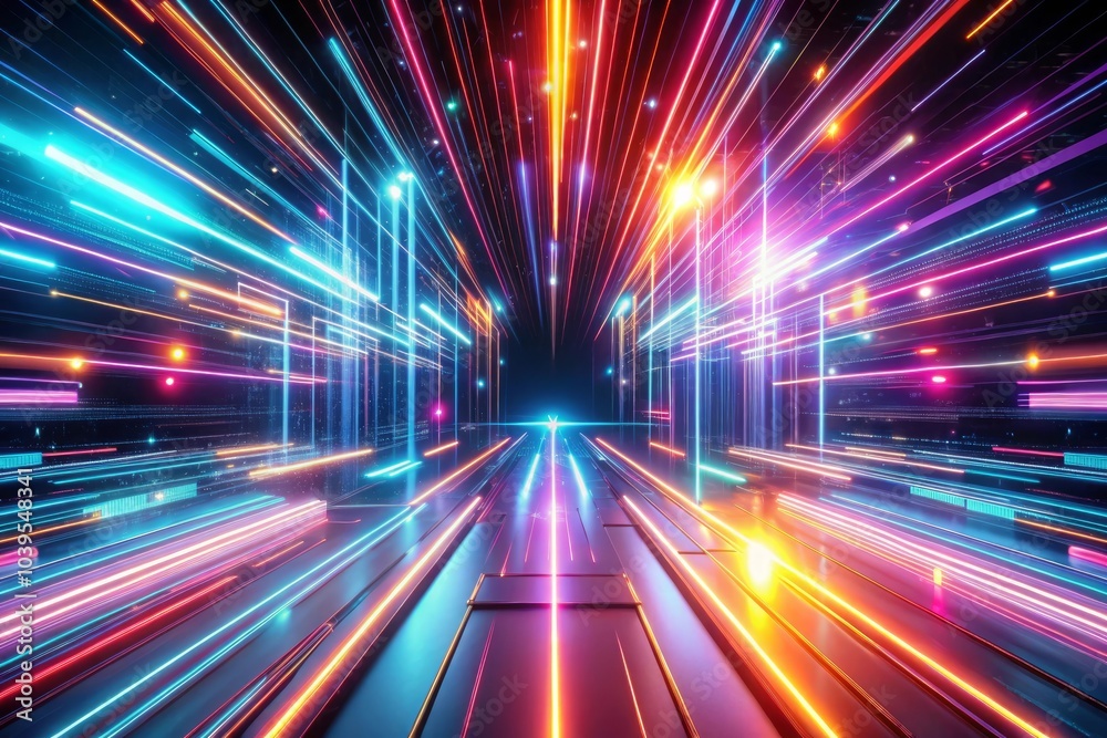 Neon futuristic flashes on black background. Motion light lines backdrop. For banner, postcard, illustration. Created with tools Neon futuristic flashes on black background. Motion light lines backdrop. For banner, postcard, illustration. Created with tools