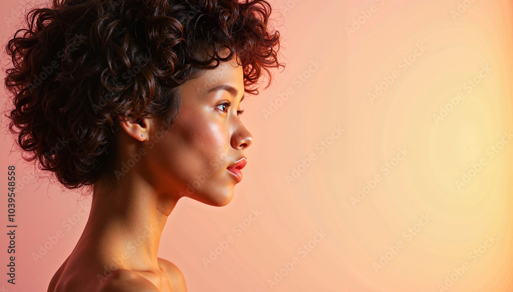 Profile of Woman with Curly Hair in Warm Studio Lighting