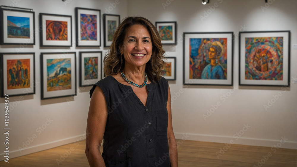 Obraz premium Latin female art gallery owner smiling at the camera in front of a wall of art