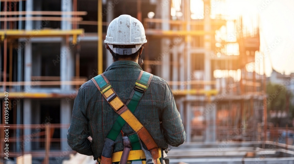 Construction worker on a high-rise building site, wearing a safety helmet and harness, showcasing urban development Construction worker on a high-rise building site, wearing a safety helmet and harness, showcasing urban development