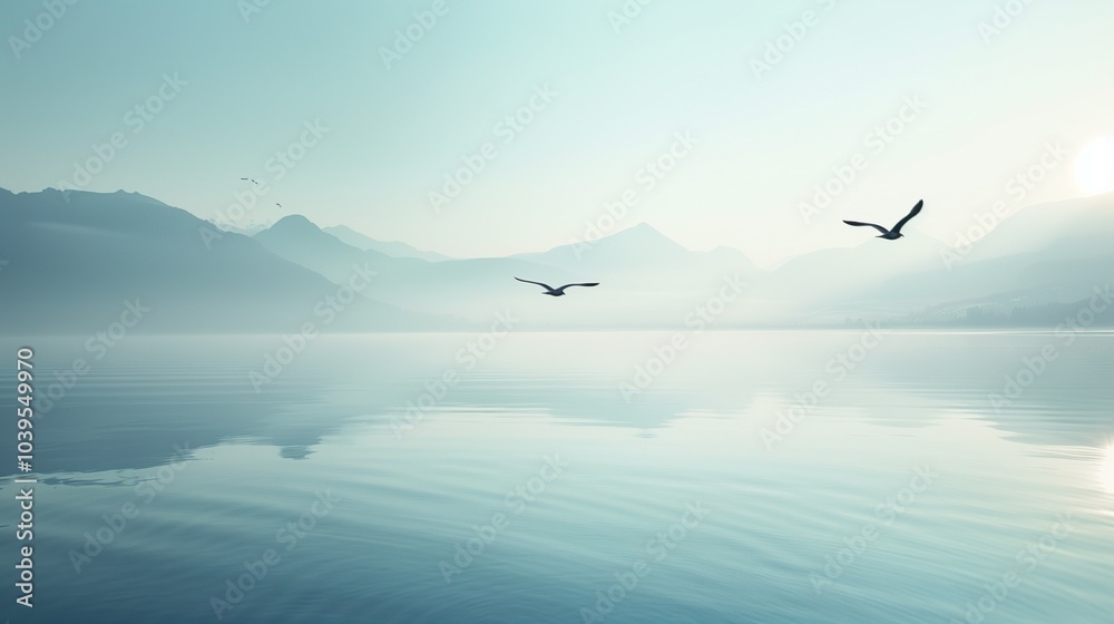 Two birds flying over a serene lake with mountains in the distance. Two birds flying over a serene lake with mountains in the distance.