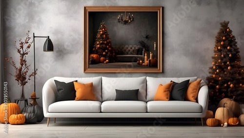 Fototapeta Naklejka Na Ścianę i Meble -  Modern minimalist wall art mockup of  luxury sofa living room for Halloween, blank frame for wall art mockup of sofa living room, Halloween and Christmas spooky scary vibes of the room interior design