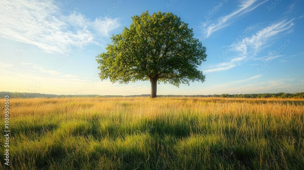 Lone green tree standing in a bright field under a clear blue sky. Lone green tree standing in a bright field under a clear blue sky.