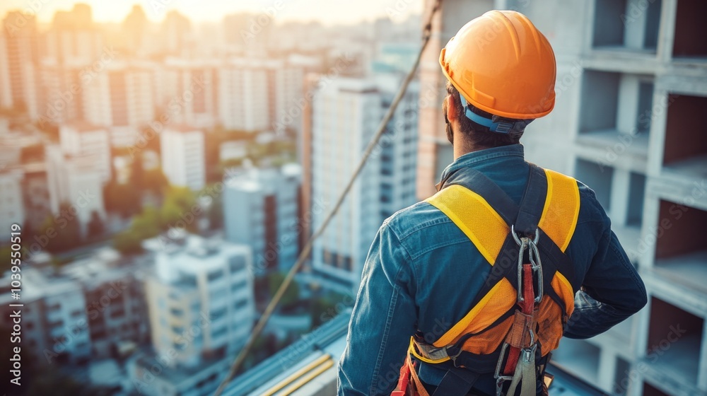 Construction worker on a high-rise building site, wearing a safety helmet and harness, showcasing urban development Construction worker on a high-rise building site, wearing a safety helmet and harness, showcasing urban development