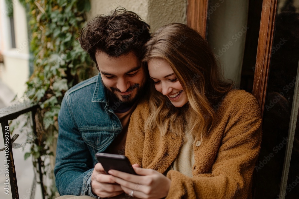 This image captures a cozy couple sitting outside on a narrow balcony, engrossed in viewing something delightful on their smartphone, sharing warmth in an intimate setting. This image captures a cozy couple sitting outside on a narrow balcony, engrossed in viewing something delightful on their smartphone, sharing warmth in an intimate setting.