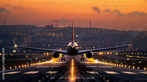 Airplane Landing on Runway at Sunset