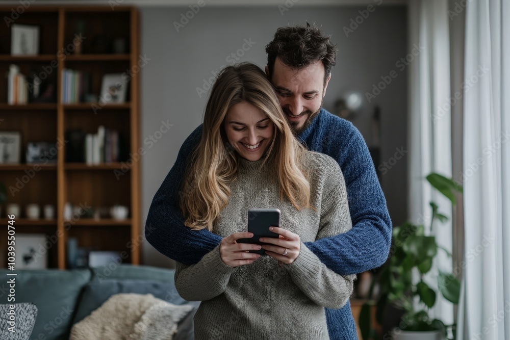 A couple dressed in cozy sweaters shares a moment together, both looking at a smartphone, symbolizing comfort and connection in a contemporary living room setting. A couple dressed in cozy sweaters shares a moment together, both looking at a smartphone, symbolizing comfort and connection in a contemporary living room setting.